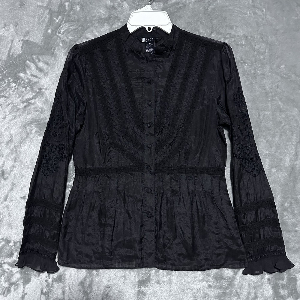 Carole Little Sheer Top Womens M Black Silk Blend Edwardian Romantic Victorian